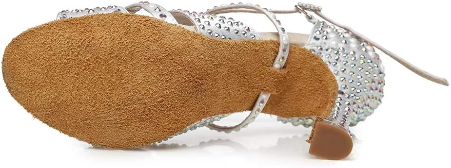 JUODVMP Women Rhinestone Ballroom Dance Shoes Latin Satin Salsa Performance Dance Shoes Model YCL428