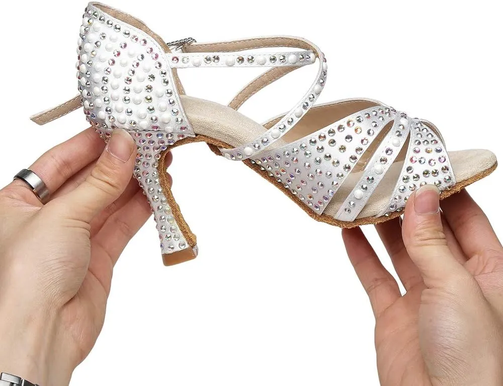 JUODVMP Women Rhinestone Ballroom Dance Shoes Latin Satin Salsa Performance Dance Shoes Model YCL428