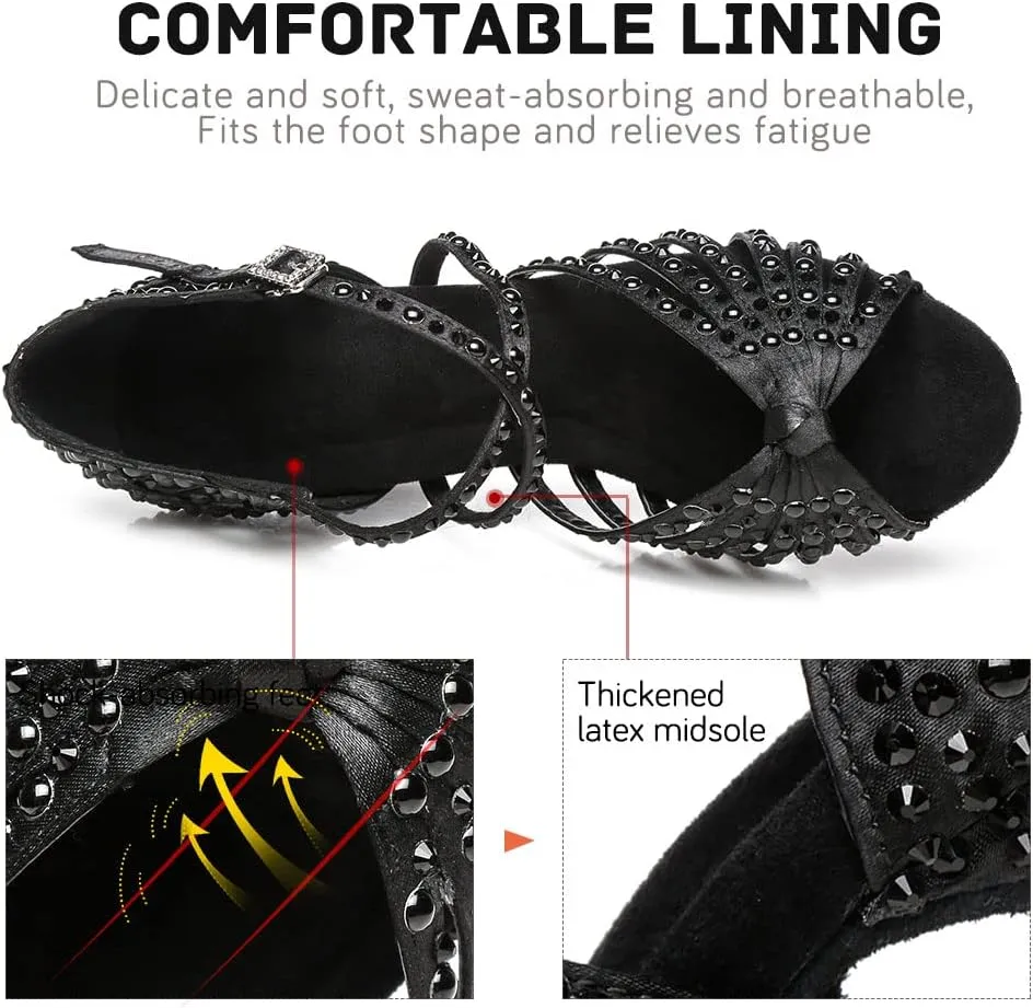 JUODVMP Women Rhinestone Ballroom Dance Shoes Latin Satin Salsa Performance Dance Shoes Model YCL429