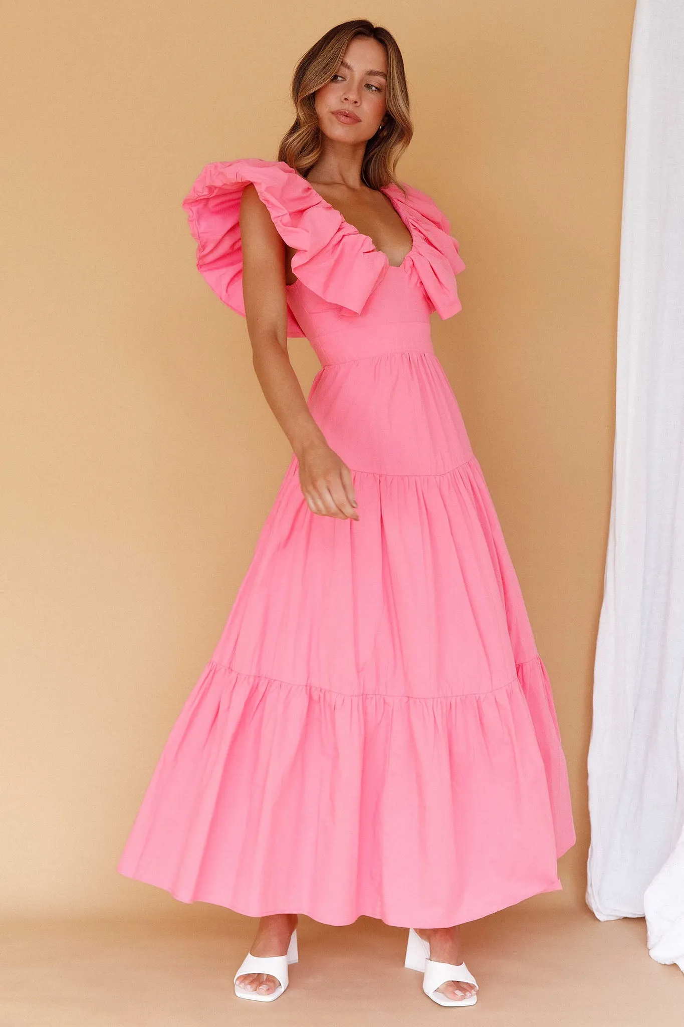 Kahlo Puffed Ruffle Neckline Maxi Dress Soft Pink