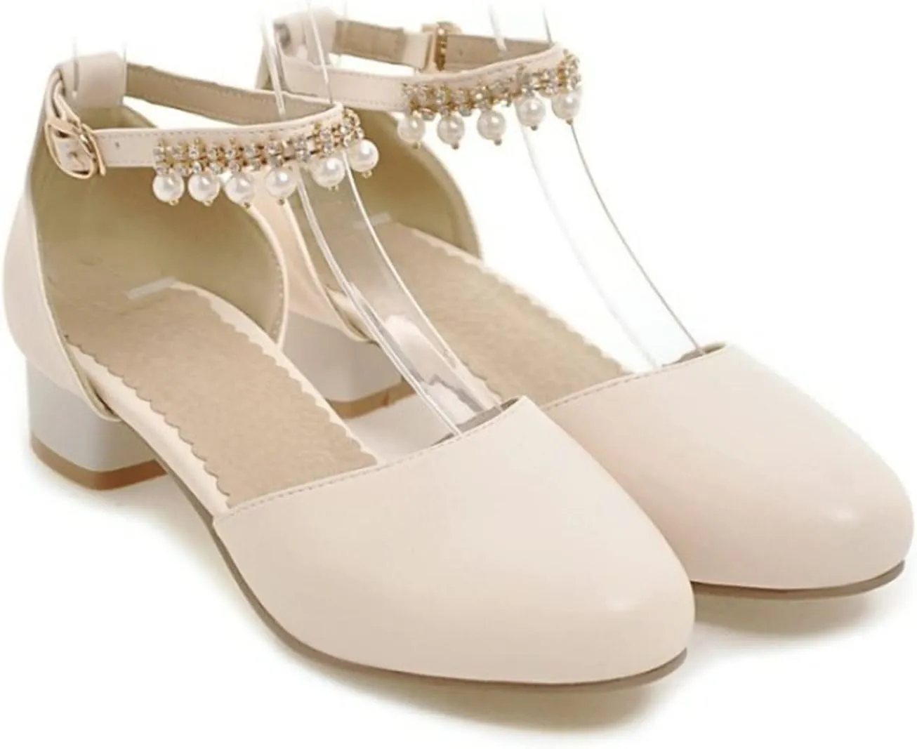 Kids Flower Girls Dress Shoes Closed Toe Chunky High Heels Mary Jane Ankle Strap Wedding Party Princess Shoes