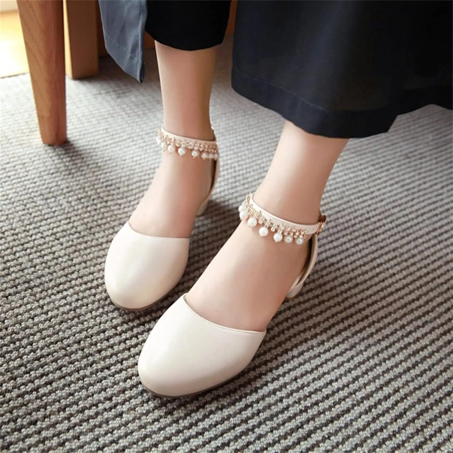 Kids Flower Girls Dress Shoes Closed Toe Chunky High Heels Mary Jane Ankle Strap Wedding Party Princess Shoes