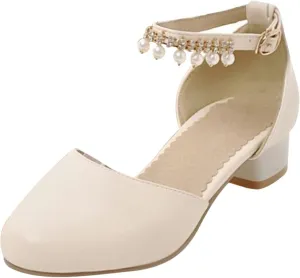 Kids Flower Girls Dress Shoes Closed Toe Chunky High Heels Mary Jane Ankle Strap Wedding Party Princess Shoes