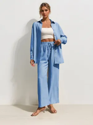 Leisure Plain Collared Long Sleeve Button Up Loose Shirt & Drawstring Wide Leg Trousers Co-ord