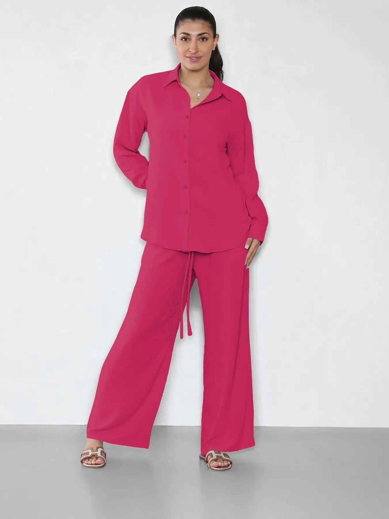 Leisure Plain Collared Long Sleeve Button Up Loose Shirt & Drawstring Wide Leg Trousers Co-ord