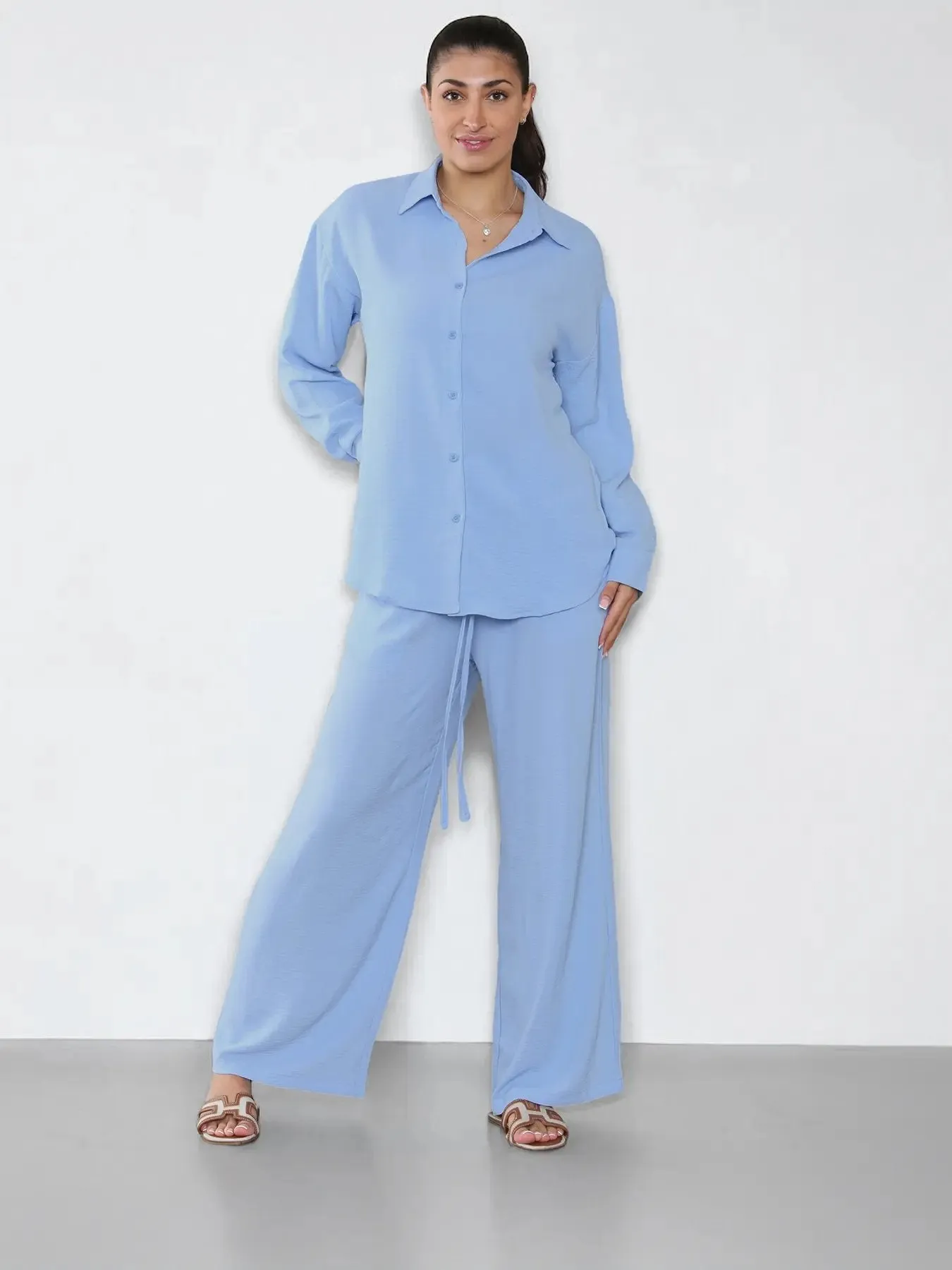 Leisure Plain Collared Long Sleeve Button Up Loose Shirt & Drawstring Wide Leg Trousers Co-ord