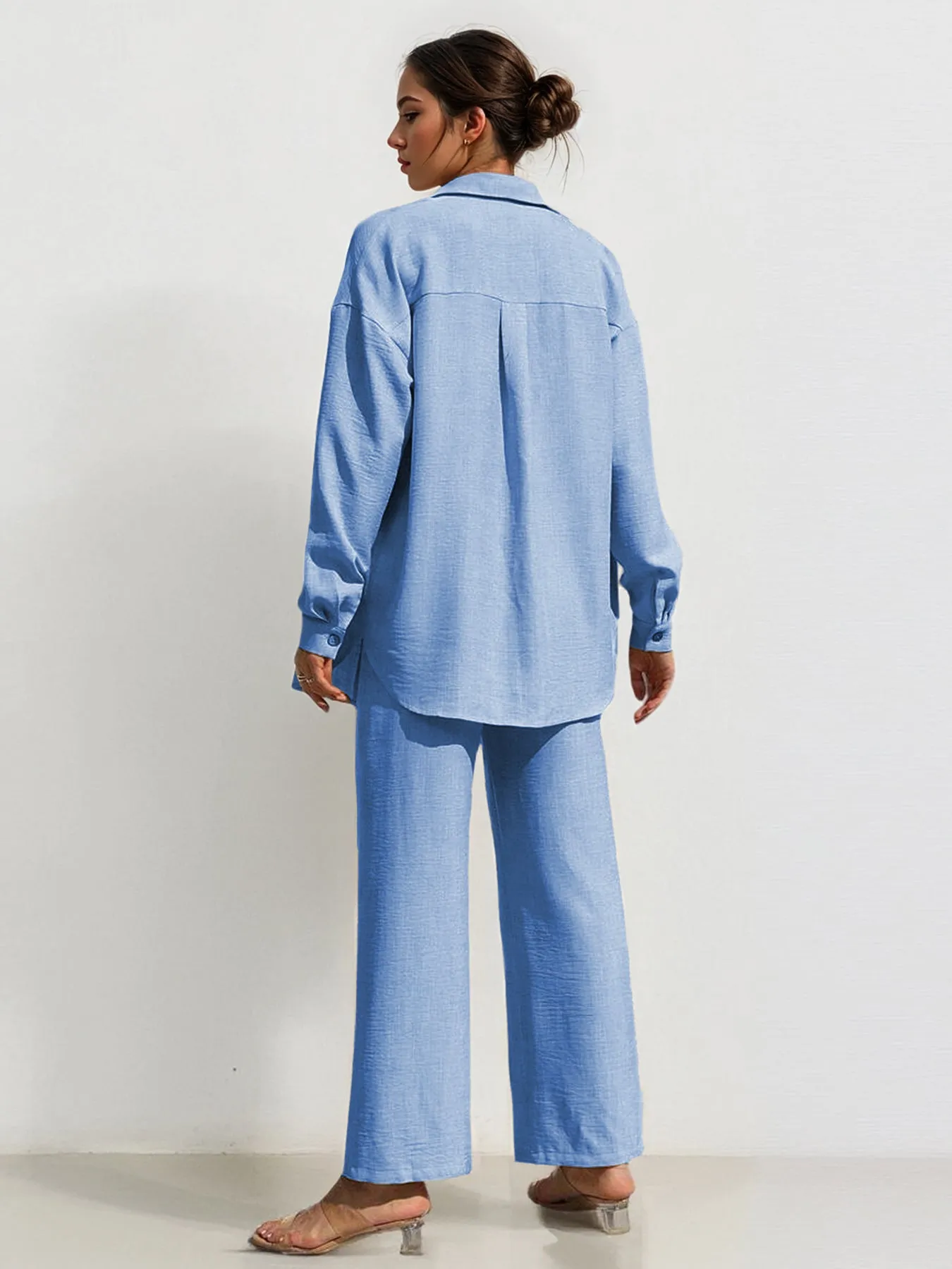 Leisure Plain Collared Long Sleeve Button Up Loose Shirt & Drawstring Wide Leg Trousers Co-ord