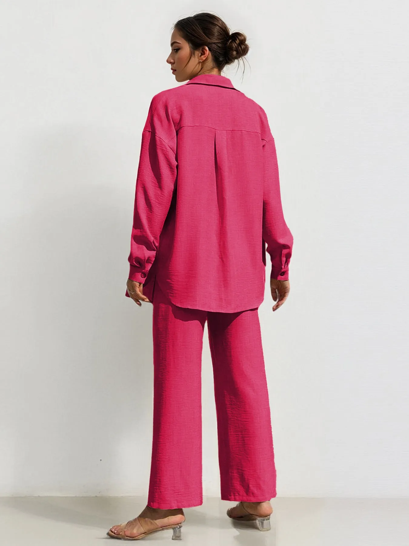 Leisure Plain Collared Long Sleeve Button Up Loose Shirt & Drawstring Wide Leg Trousers Co-ord
