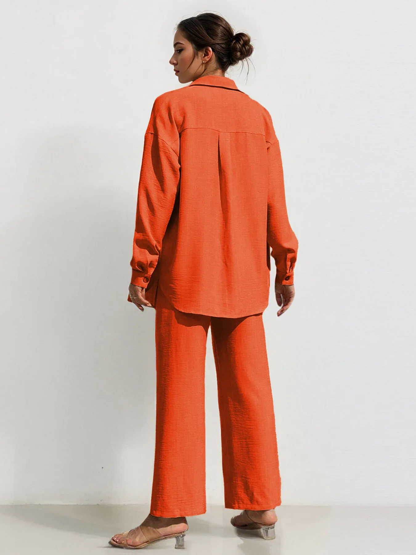 Leisure Plain Collared Long Sleeve Button Up Loose Shirt & Drawstring Wide Leg Trousers Co-ord