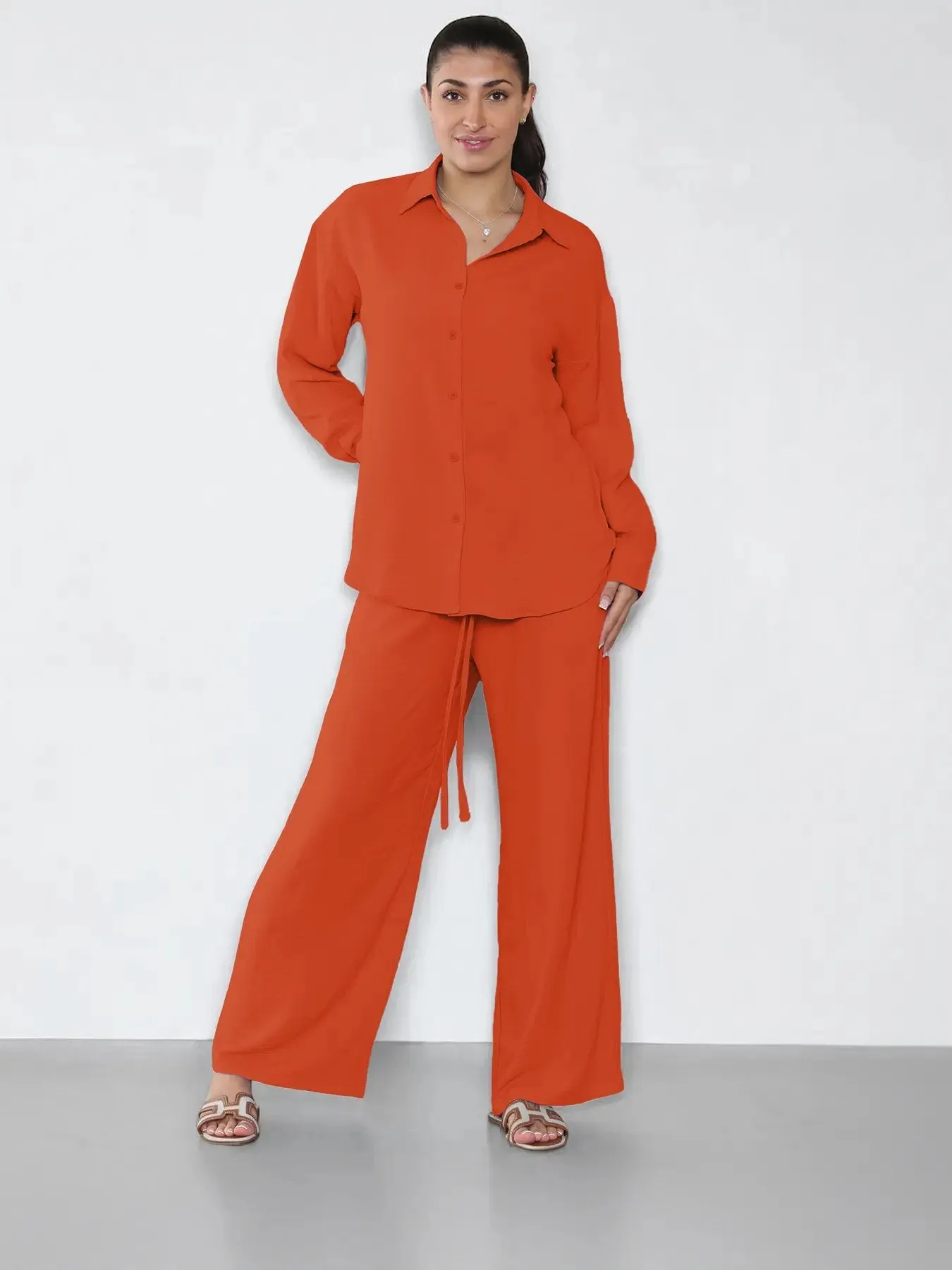 Leisure Plain Collared Long Sleeve Button Up Loose Shirt & Drawstring Wide Leg Trousers Co-ord