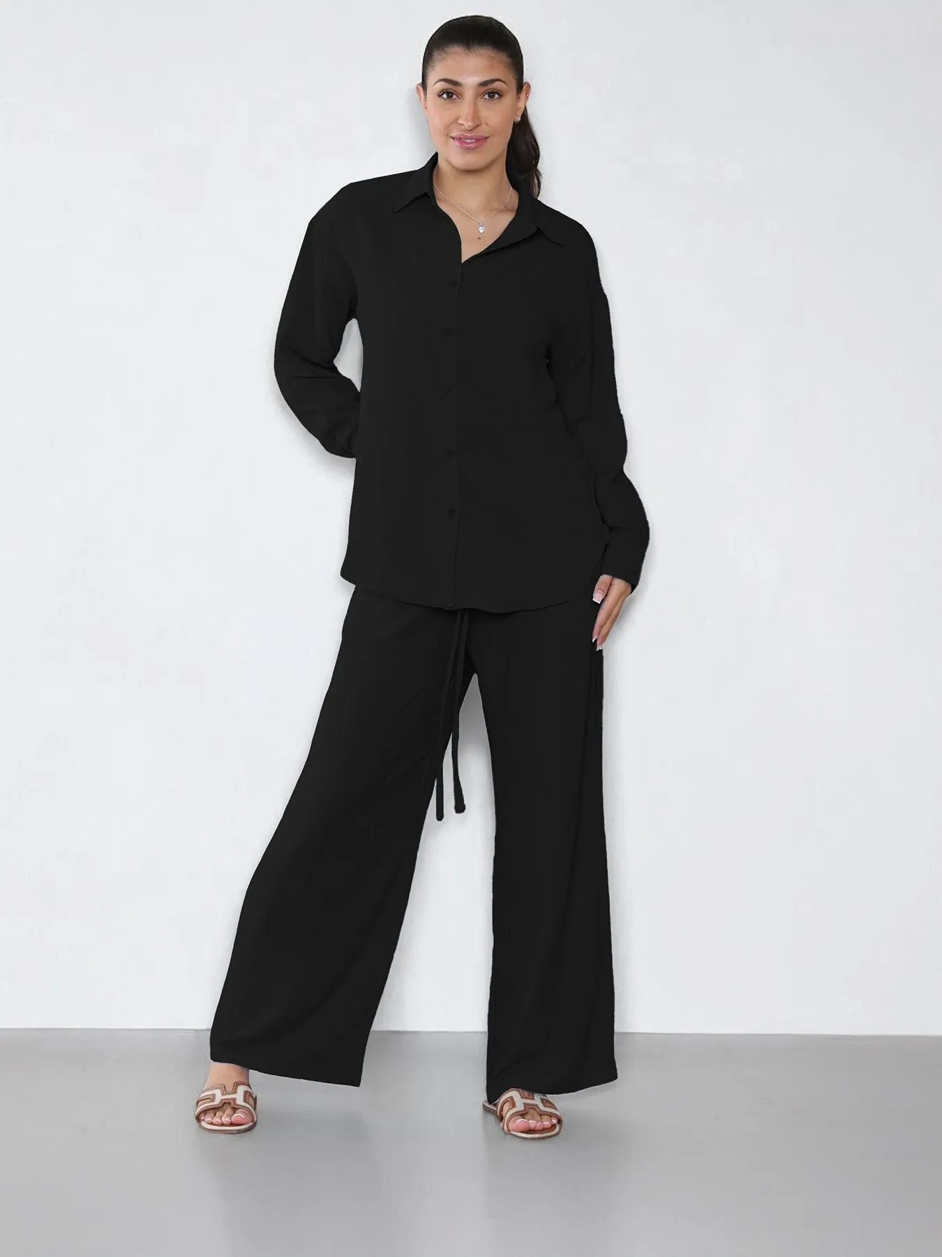 Leisure Plain Collared Long Sleeve Button Up Loose Shirt & Drawstring Wide Leg Trousers Co-ord