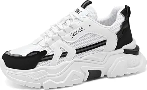 lilaBelle]Hidden Height Increase Men's Dad Shoes Summer Breathable Sneakers with Concealed Lift, Comfortable Casual Sports Shoes for Outdoor Walking, Fashion White Chunky Trainers (Mesh & Rubber)