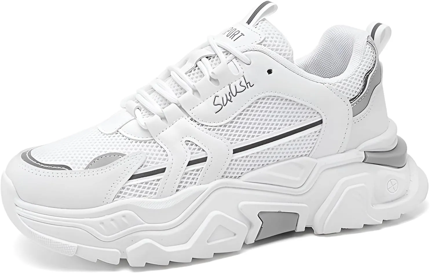 lilaBelle]Hidden Height Increase Men's Dad Shoes Summer Breathable Sneakers with Concealed Lift, Comfortable Casual Sports Shoes for Outdoor Walking, Fashion White Chunky Trainers (Mesh & Rubber)