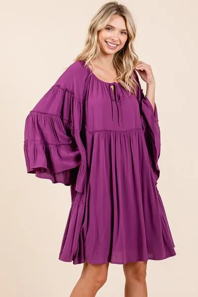Mittoshop Frill Tie Neck Bell Sleeve Dress In Violet