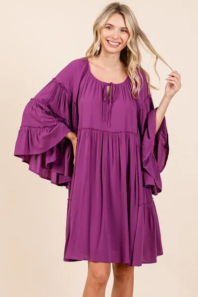 Mittoshop Frill Tie Neck Bell Sleeve Dress In Violet