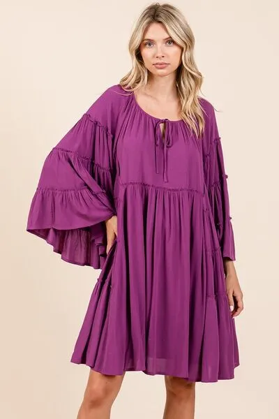 Mittoshop Frill Tie Neck Bell Sleeve Dress In Violet