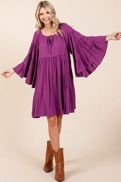 Mittoshop Frill Tie Neck Bell Sleeve Dress In Violet