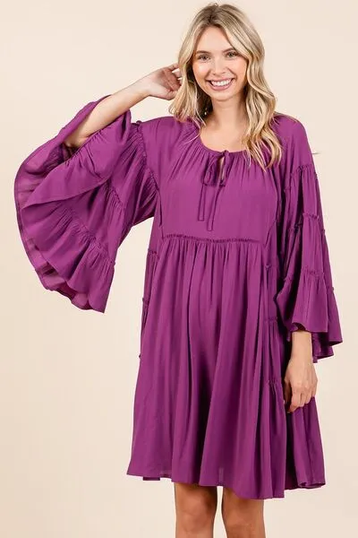 Mittoshop Frill Tie Neck Bell Sleeve Dress In Violet