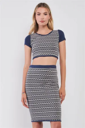 Navy & White Geometrical Pattern Short Sleeve Crop Top & High-waisted Pencil
