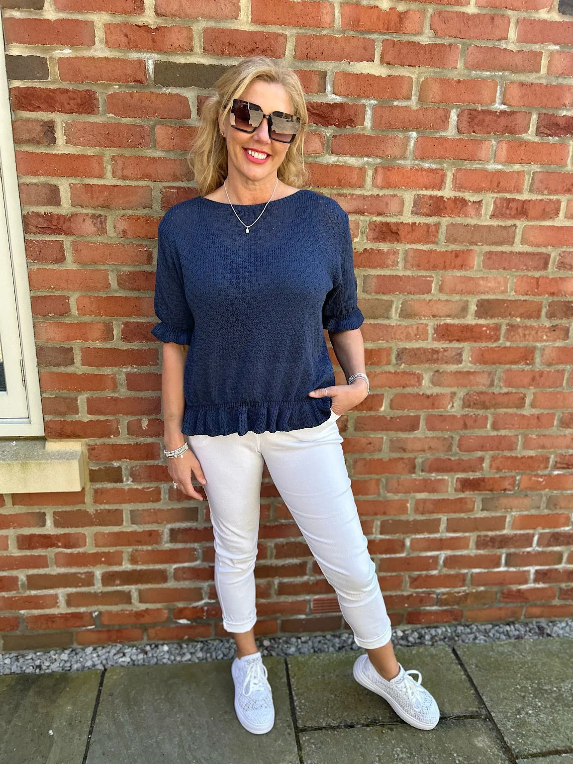 Navy Ruffle Trim Knit Top Ivy