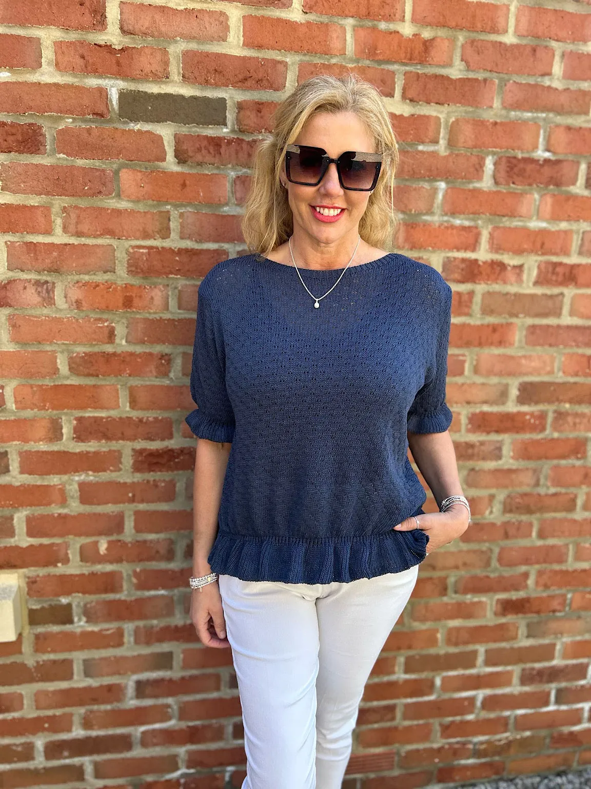 Navy Ruffle Trim Knit Top Ivy