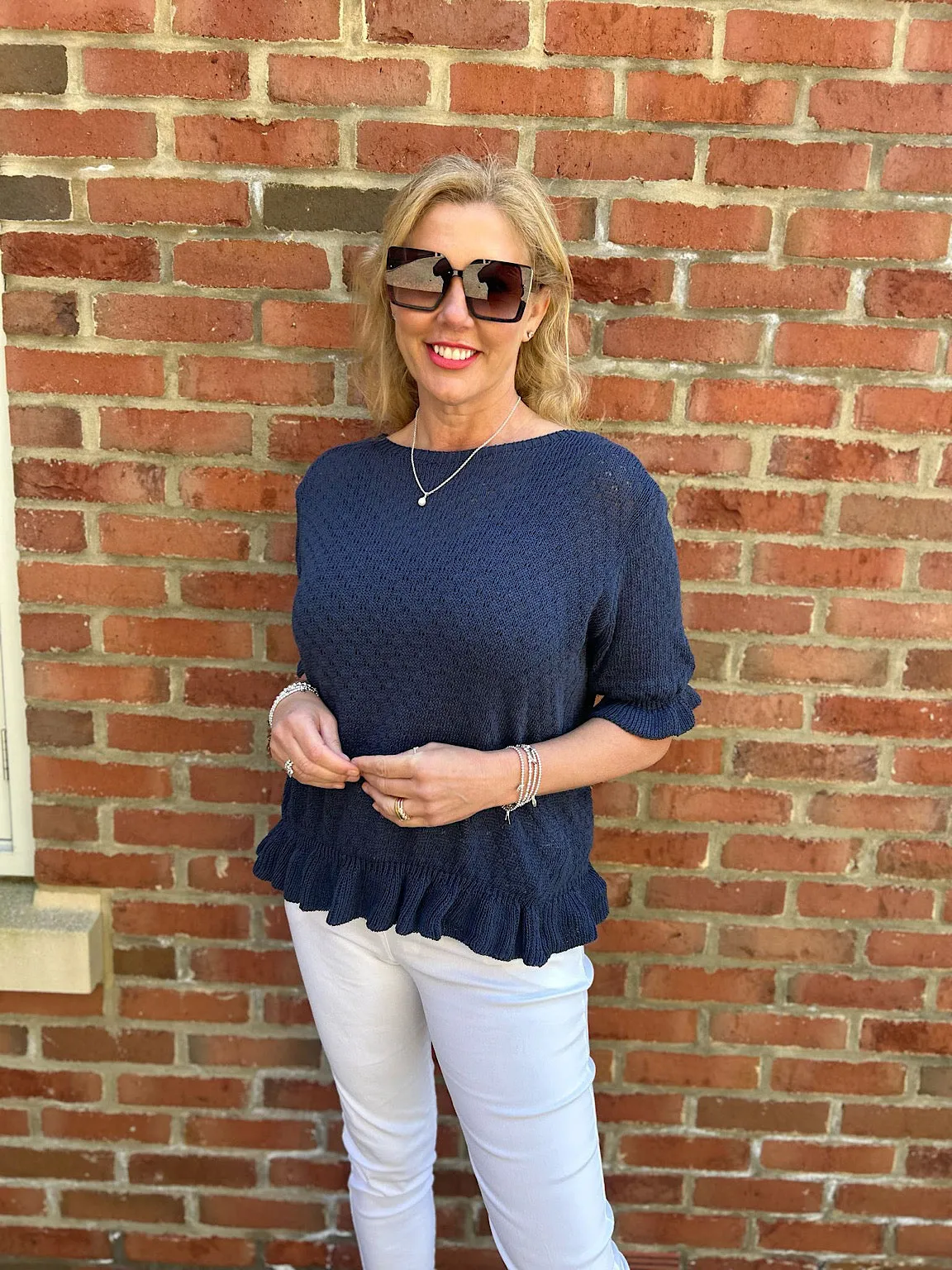 Navy Ruffle Trim Knit Top Ivy