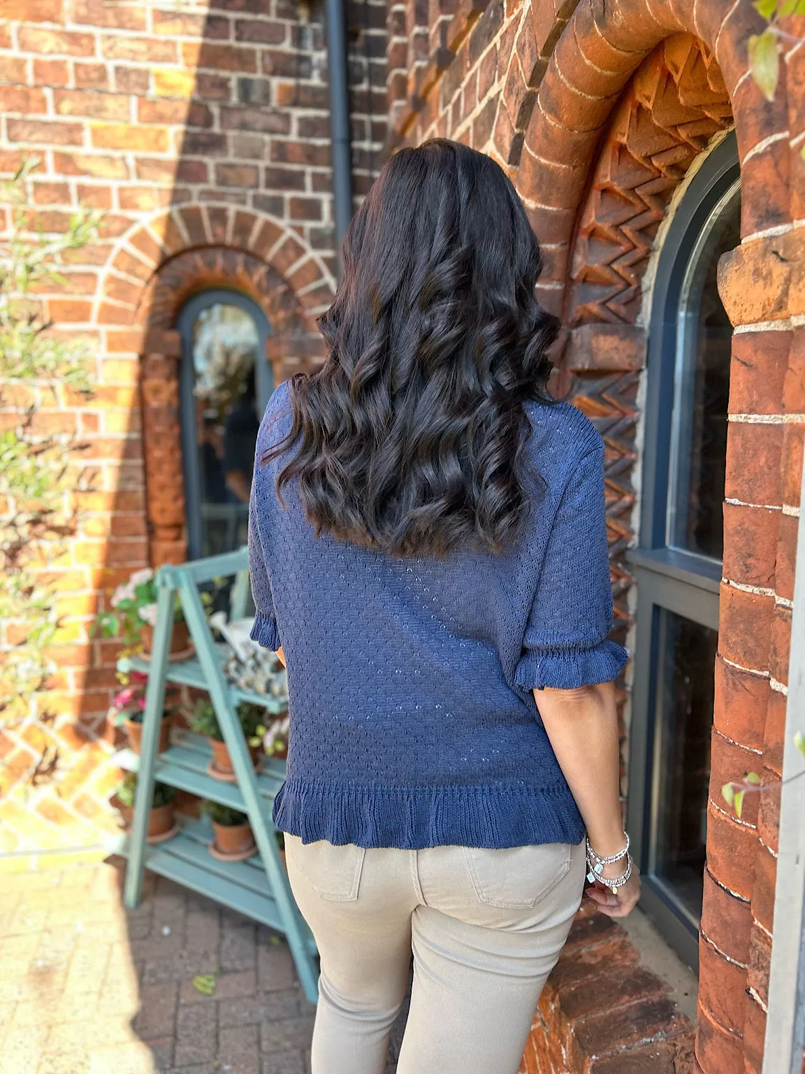 Navy Ruffle Trim Knit Top Ivy