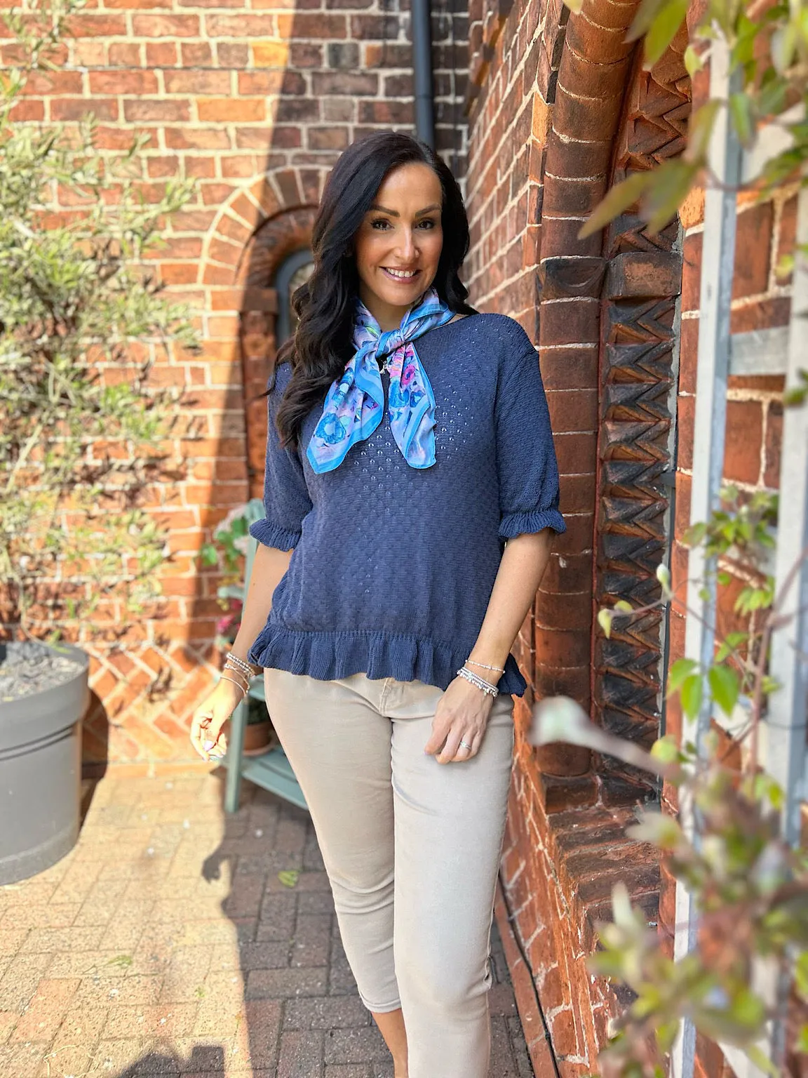 Navy Ruffle Trim Knit Top Ivy