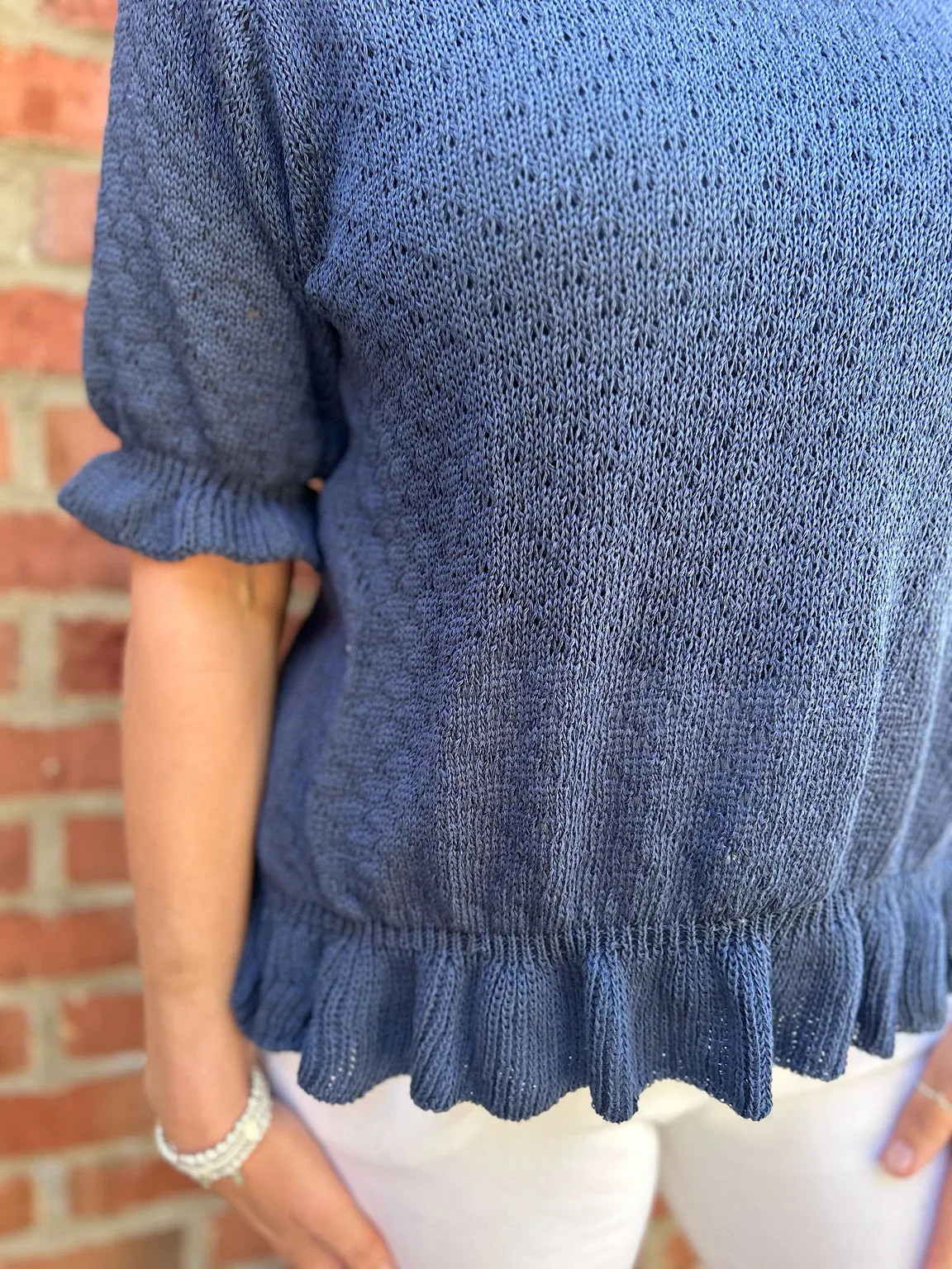 Navy Ruffle Trim Knit Top Ivy