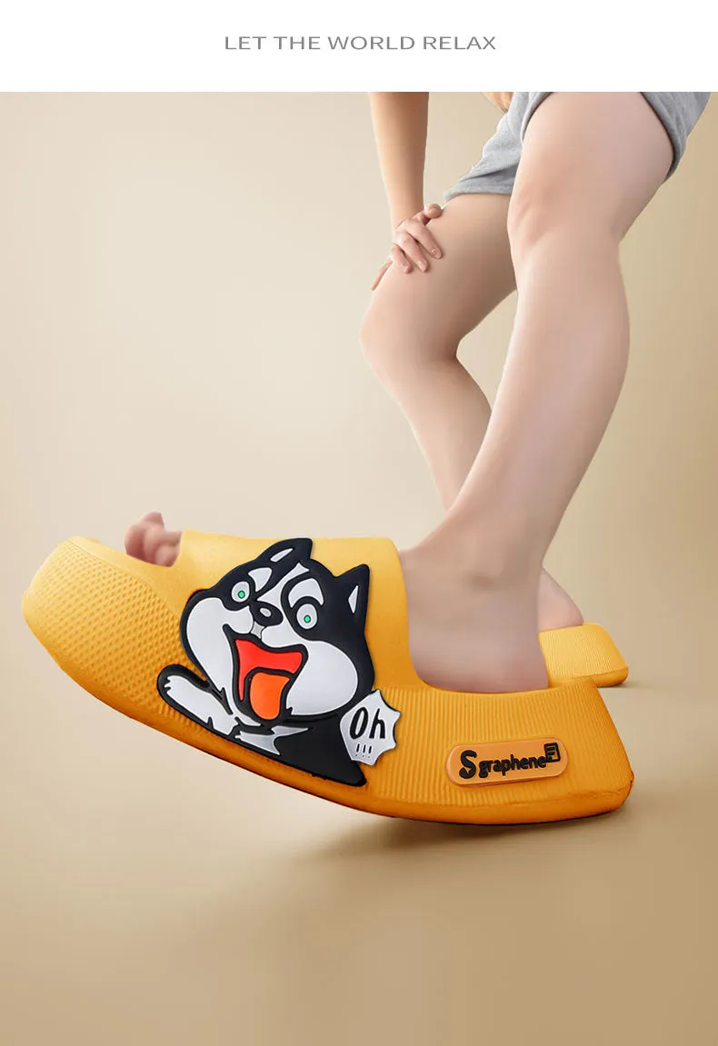 New Summer Slippers Cute Dog Sticker Thick Sole Soft Women Sandals Bathroom Beach Indoor Outdoor Men Slides Cool Shoes cx759