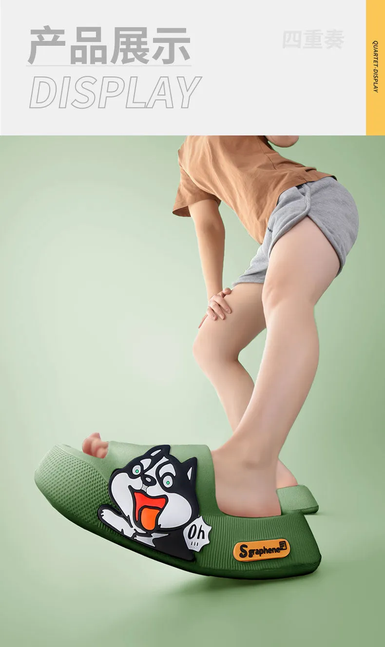 New Summer Slippers Cute Dog Sticker Thick Sole Soft Women Sandals Bathroom Beach Indoor Outdoor Men Slides Cool Shoes cx759