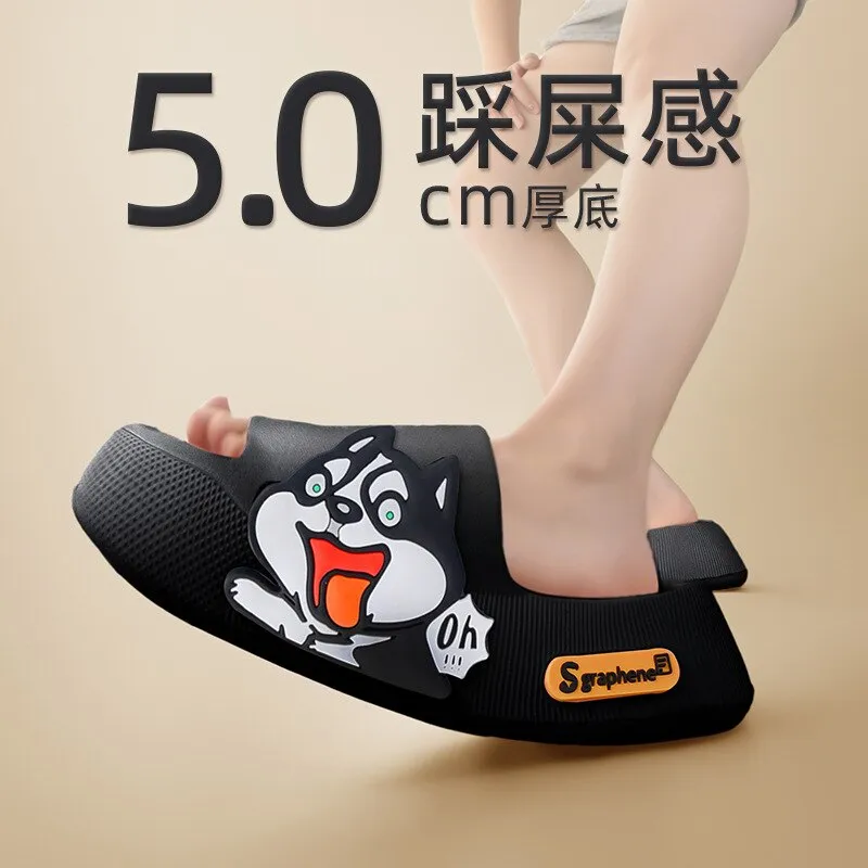 New Summer Slippers Cute Dog Sticker Thick Sole Soft Women Sandals Bathroom Beach Indoor Outdoor Men Slides Cool Shoes cx759