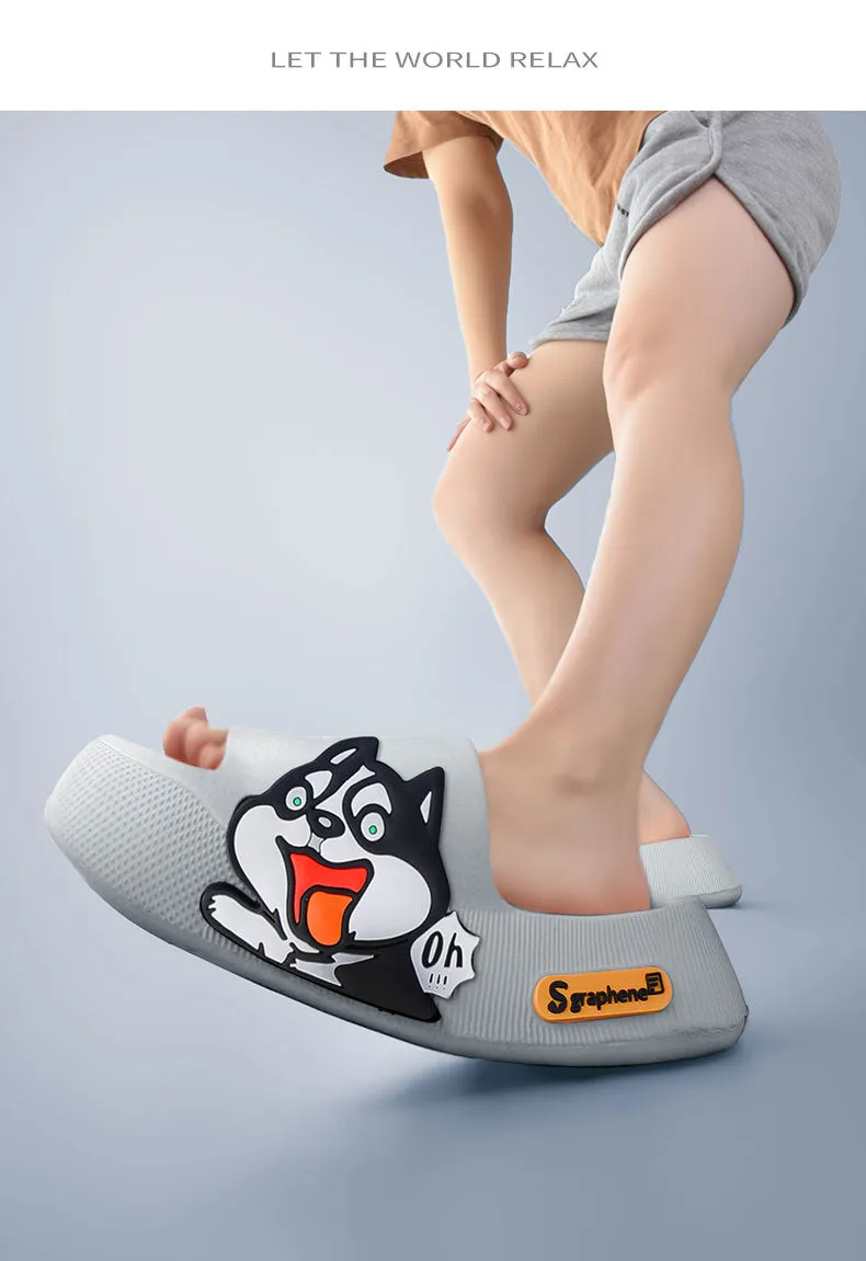 New Summer Slippers Cute Dog Sticker Thick Sole Soft Women Sandals Bathroom Beach Indoor Outdoor Men Slides Cool Shoes cx759