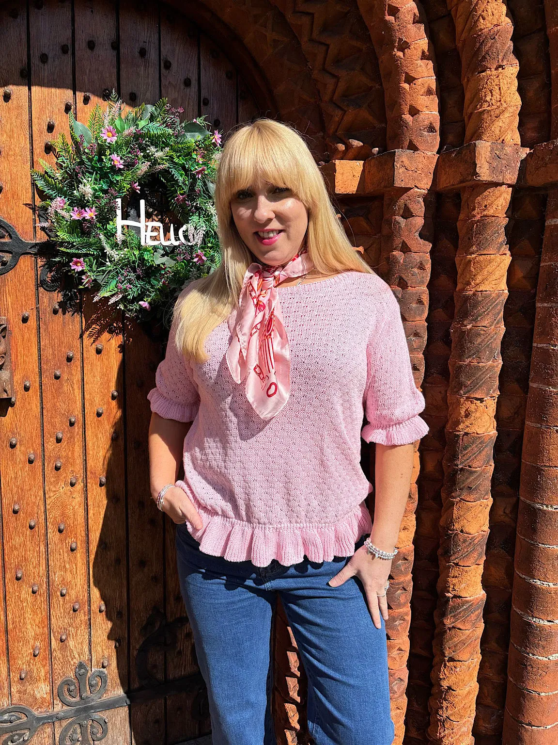Pink Ruffle Trim Knit Top Ivy