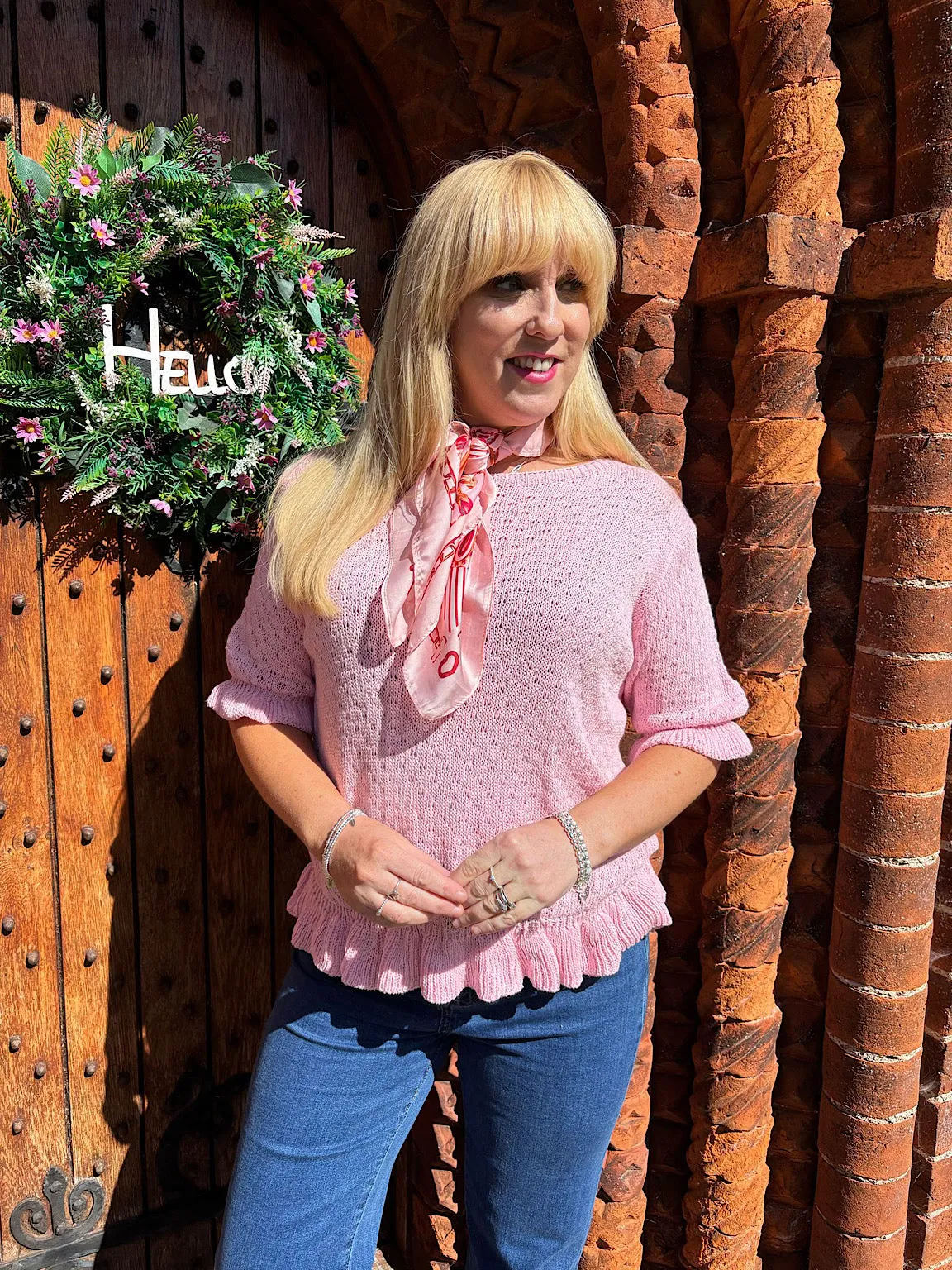 Pink Ruffle Trim Knit Top Ivy
