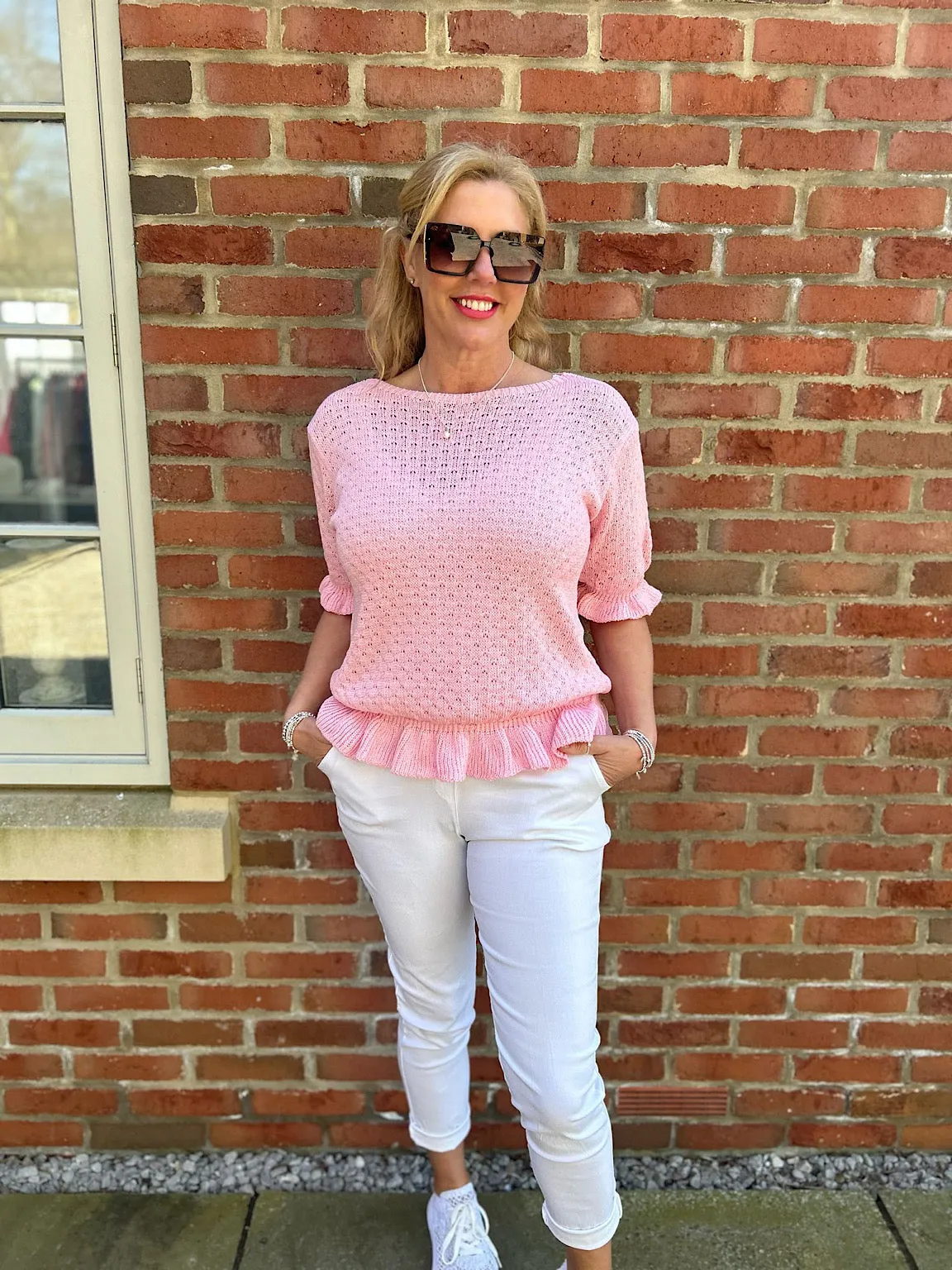 Pink Ruffle Trim Knit Top Ivy