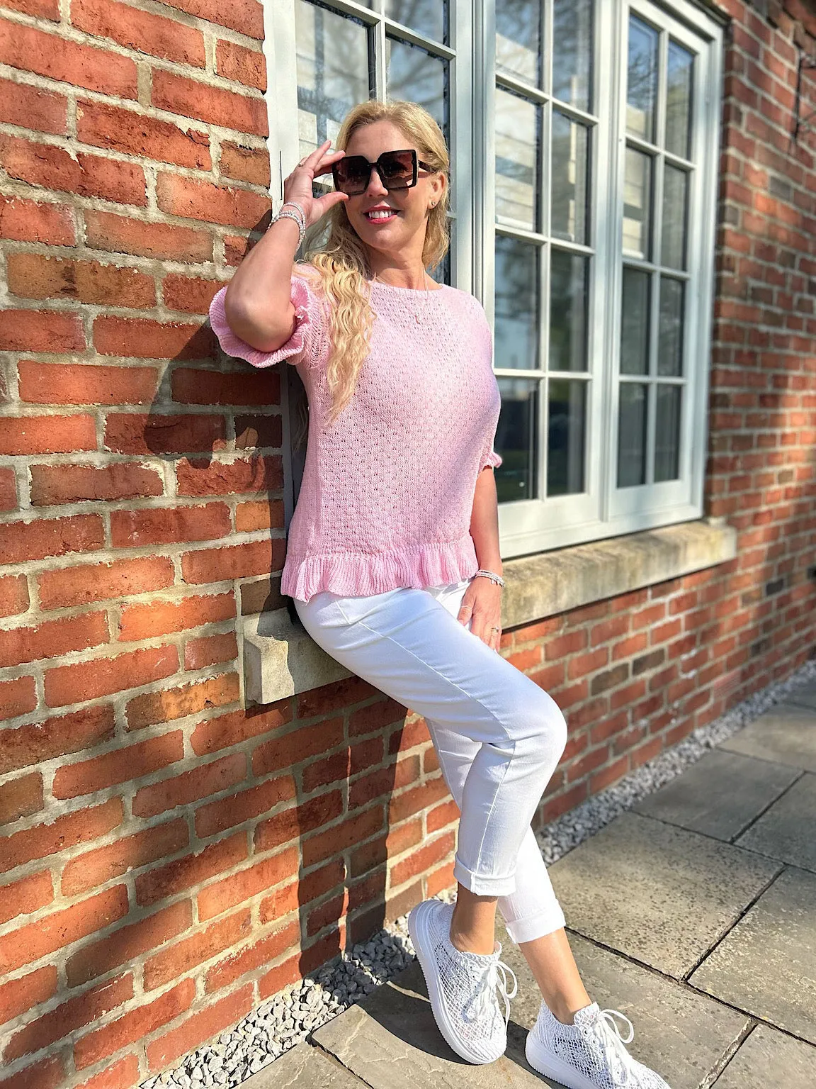 Pink Ruffle Trim Knit Top Ivy