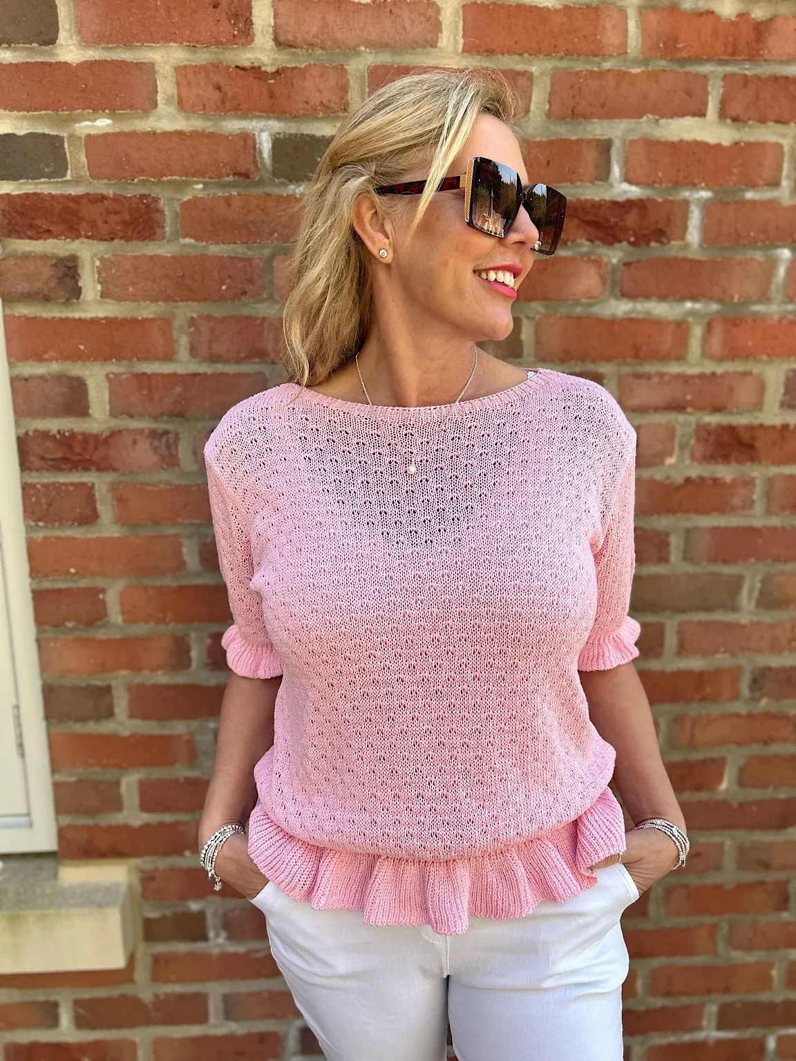 Pink Ruffle Trim Knit Top Ivy