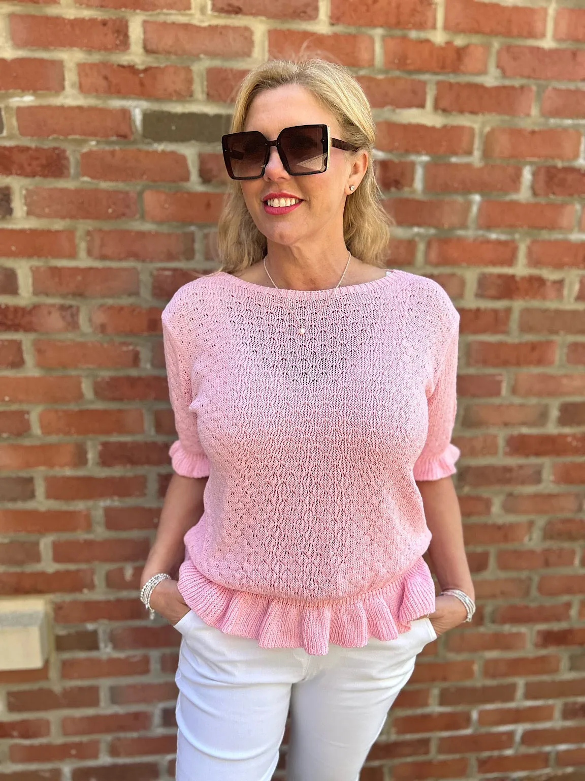 Pink Ruffle Trim Knit Top Ivy