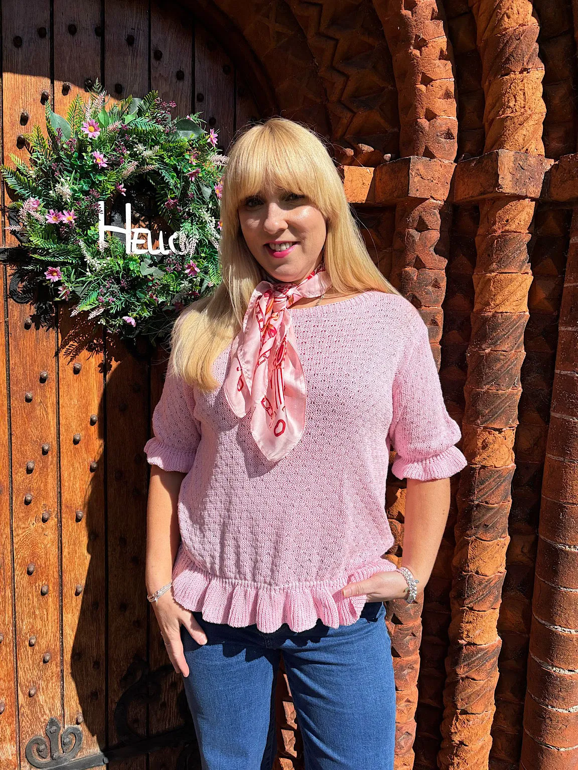 Pink Ruffle Trim Knit Top Ivy