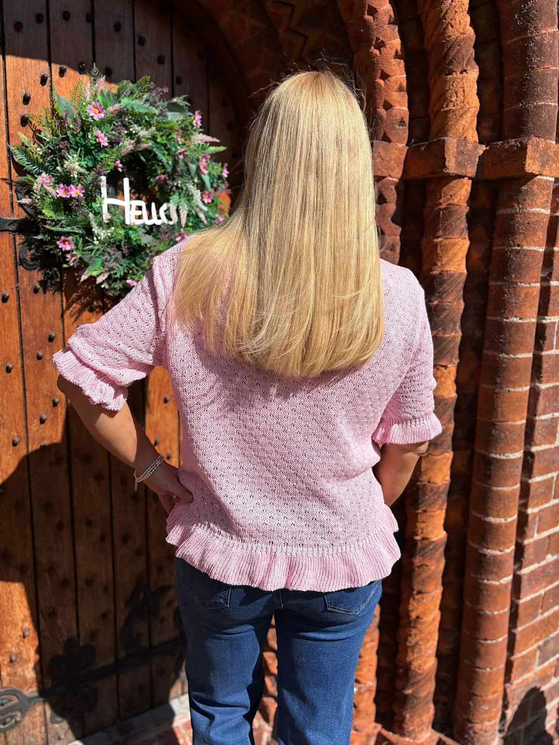 Pink Ruffle Trim Knit Top Ivy