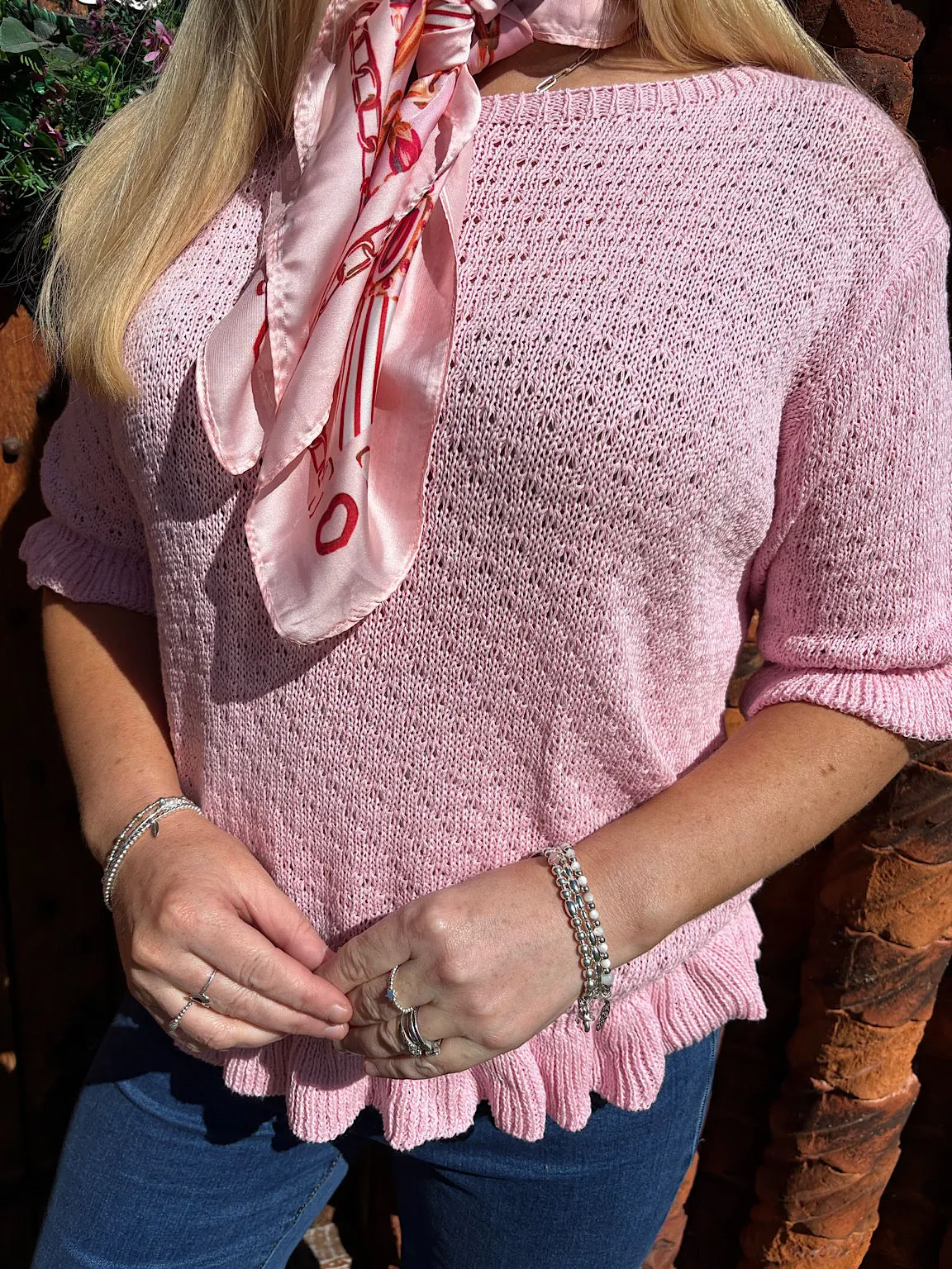 Pink Ruffle Trim Knit Top Ivy