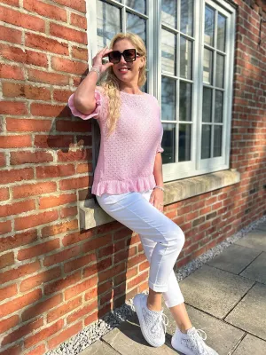Pink Ruffle Trim Knit Top Ivy