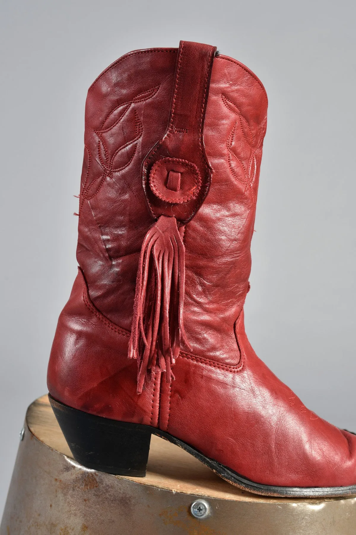 Red Fringe Tassel Leather Cowboy Boots 8