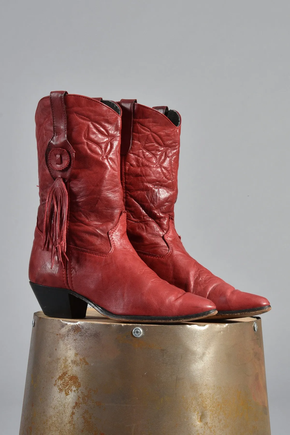 Red Fringe Tassel Leather Cowboy Boots 8