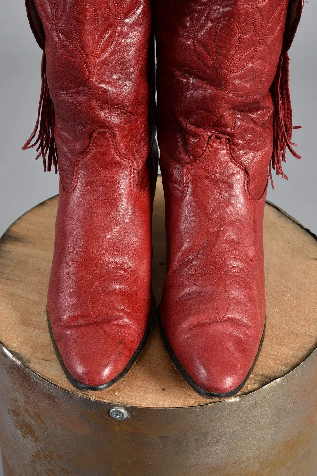 Red Fringe Tassel Leather Cowboy Boots 8