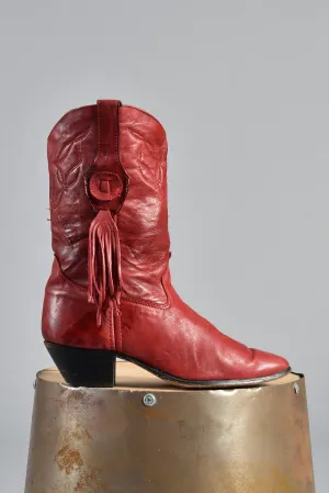 Red Fringe Tassel Leather Cowboy Boots 8