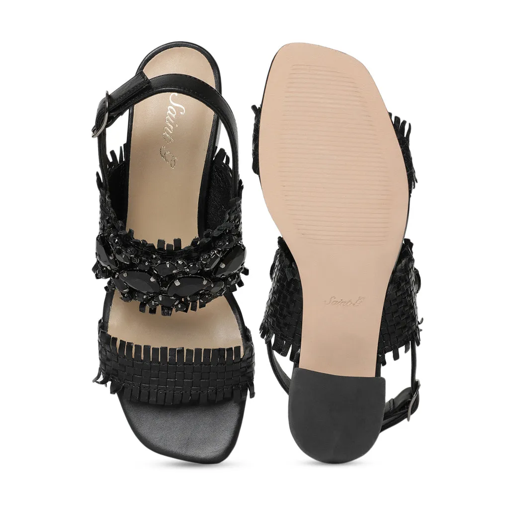 Saint Fabrizia Black Woven Leather Block Heels.