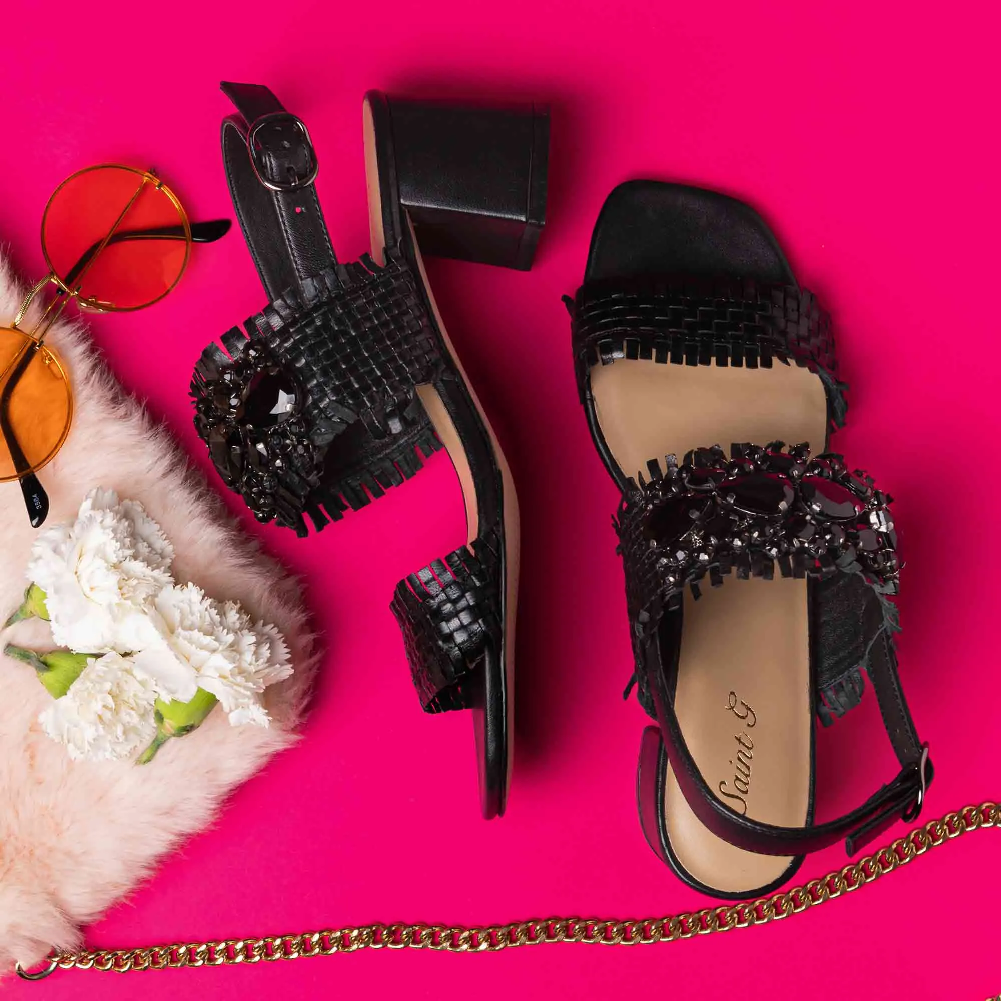 Saint Fabrizia Black Woven Leather Block Heels.