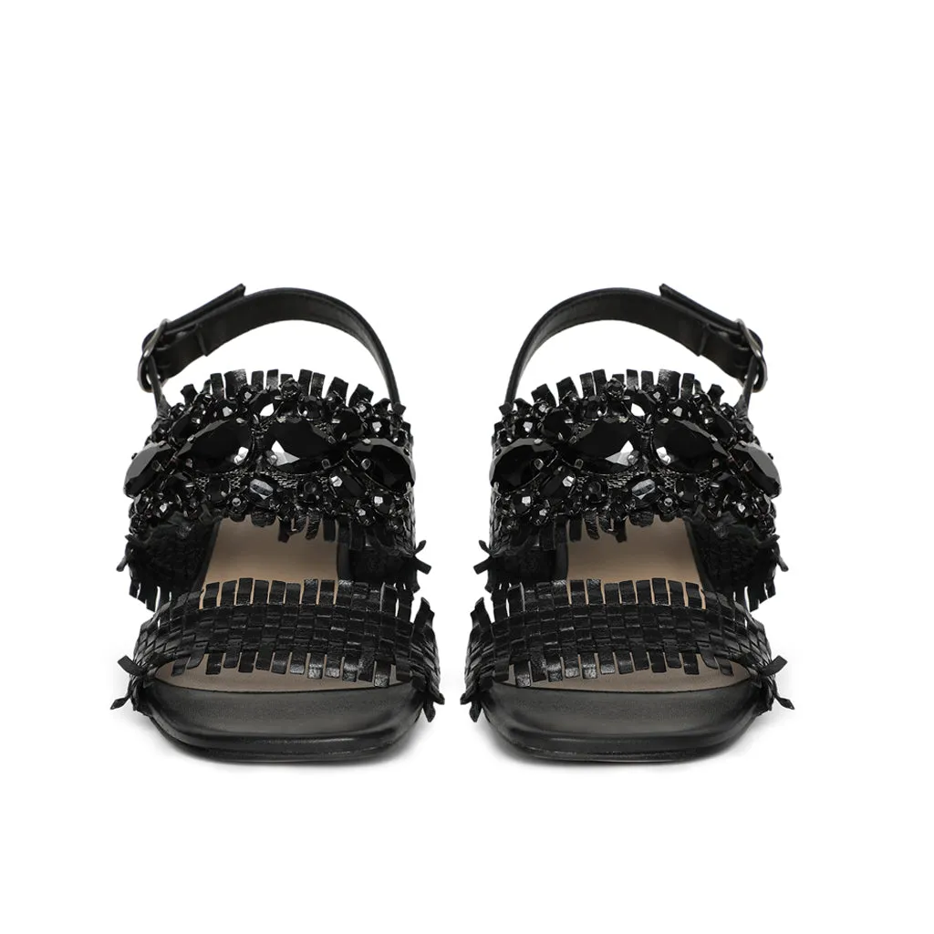 Saint Fabrizia Black Woven Leather Block Heels.